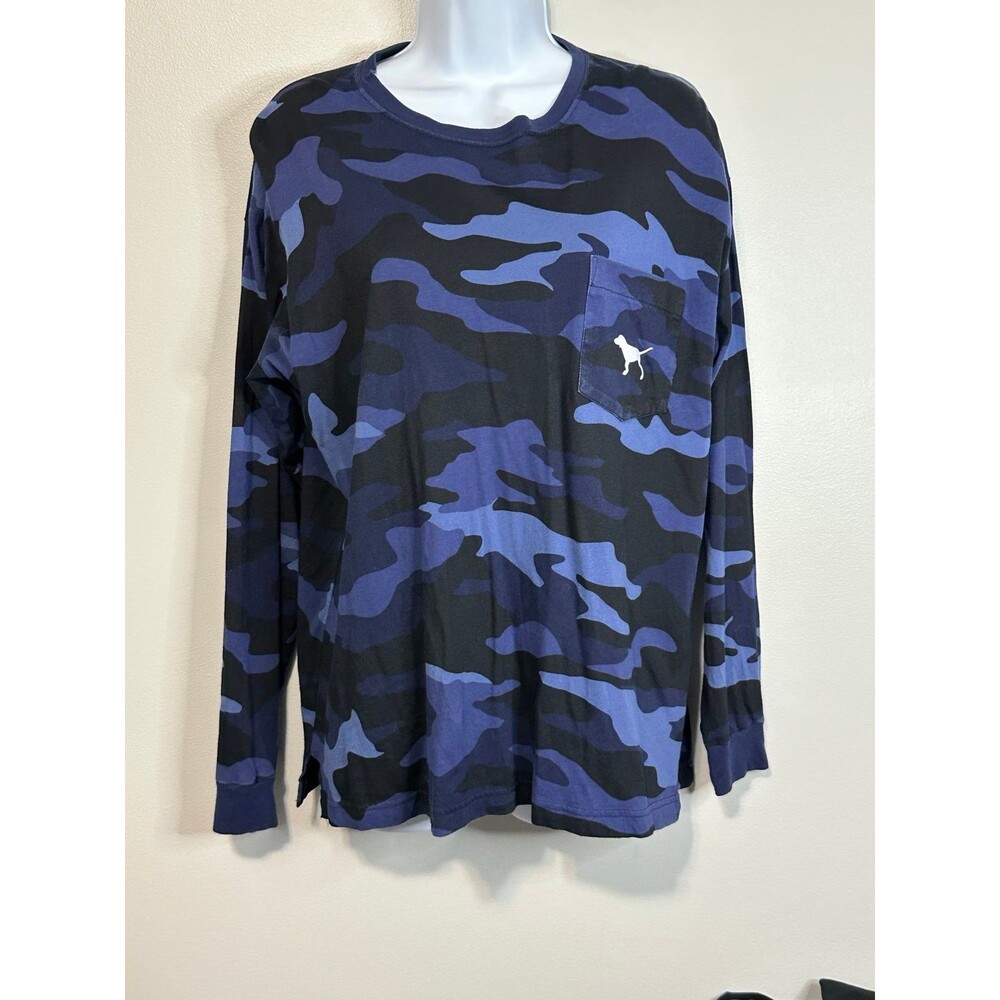 VS PINK Campus Long Sleeve Blue Camo Dog Logo Tee